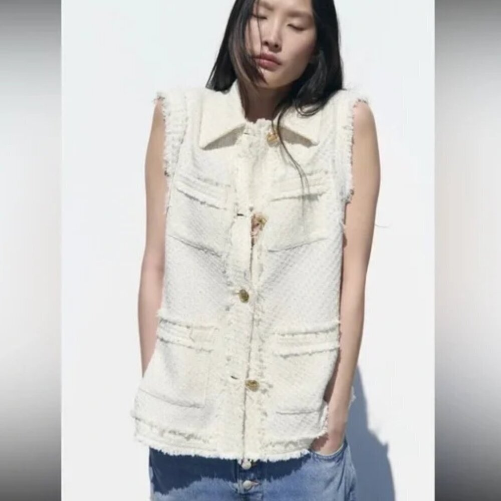 ZARA Tweed Button Vest Frayed Trim Ivory Cream XS